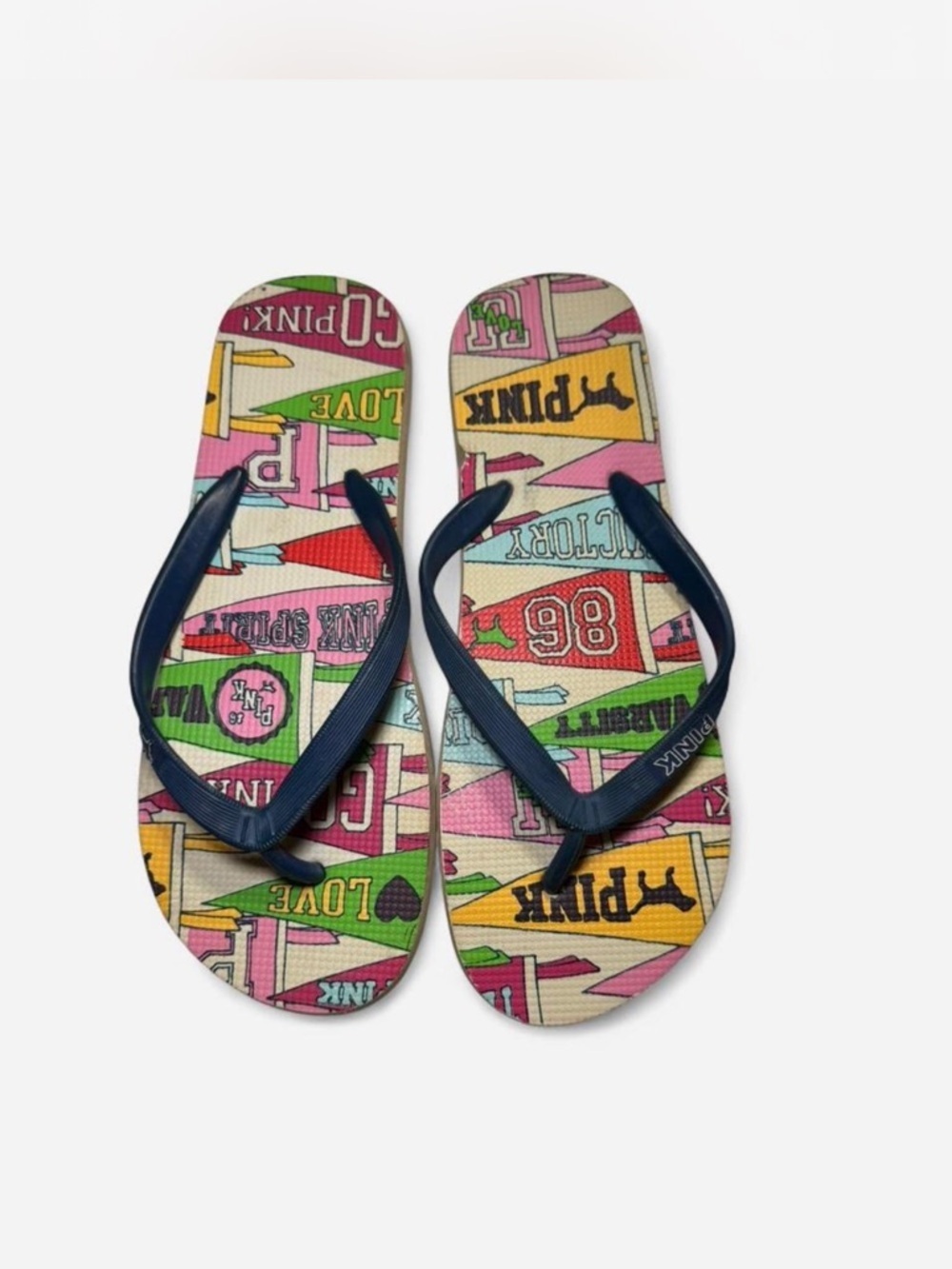 PINK Victoria's Secret Multicolor Printed Flip Flops with Navy Straps